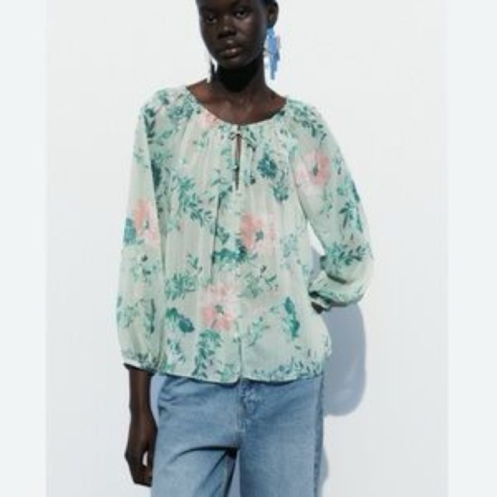 Zara Floral Green Blouse Large